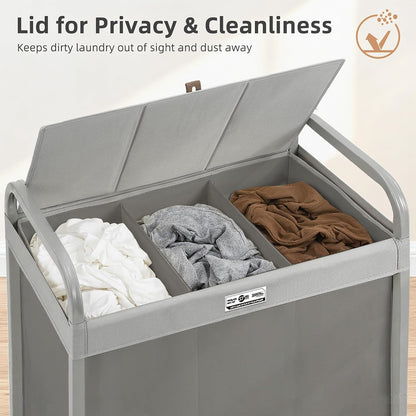 Laundry Hamper 3 Section with Lid Rolling Laundry Basket