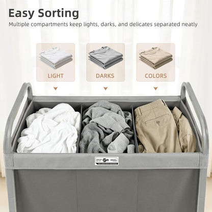 Laundry Hamper 3 Section with Lid Rolling Laundry Basket