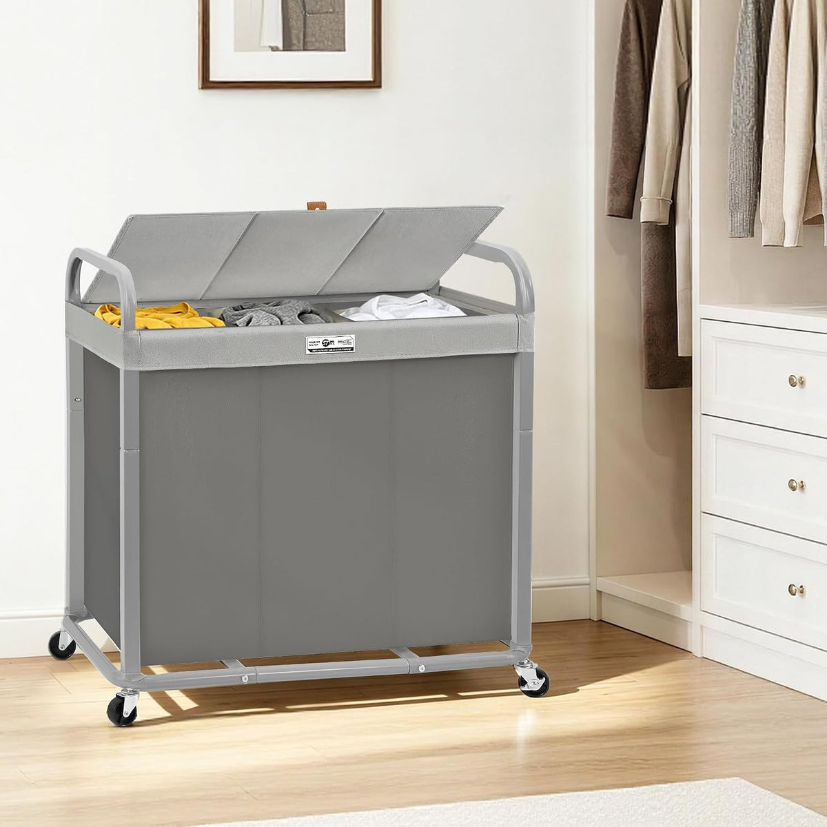 Laundry Hamper 3 Section with Lid Rolling Laundry Basket