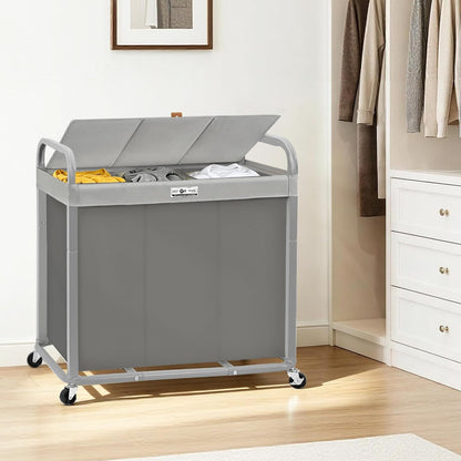 Laundry Hamper 3 Section with Lid Rolling Laundry Basket