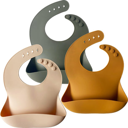 Silicone Baby Bibs Set of 3, BPA Free Waterproof Baby Bibs for Eating, Soft Adjustable Silicone Bibs for Babies 6-12 Months, Toddler Bibs with Pocket Food Catcher (Cream/Buck/Olive Green)