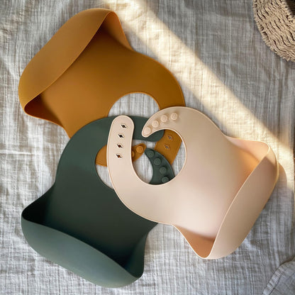 Silicone Baby Bibs Set of 3, BPA Free Waterproof Baby Bibs for Eating, Soft Adjustable Silicone Bibs for Babies 6-12 Months, Toddler Bibs with Pocket Food Catcher (Cream/Buck/Olive Green)