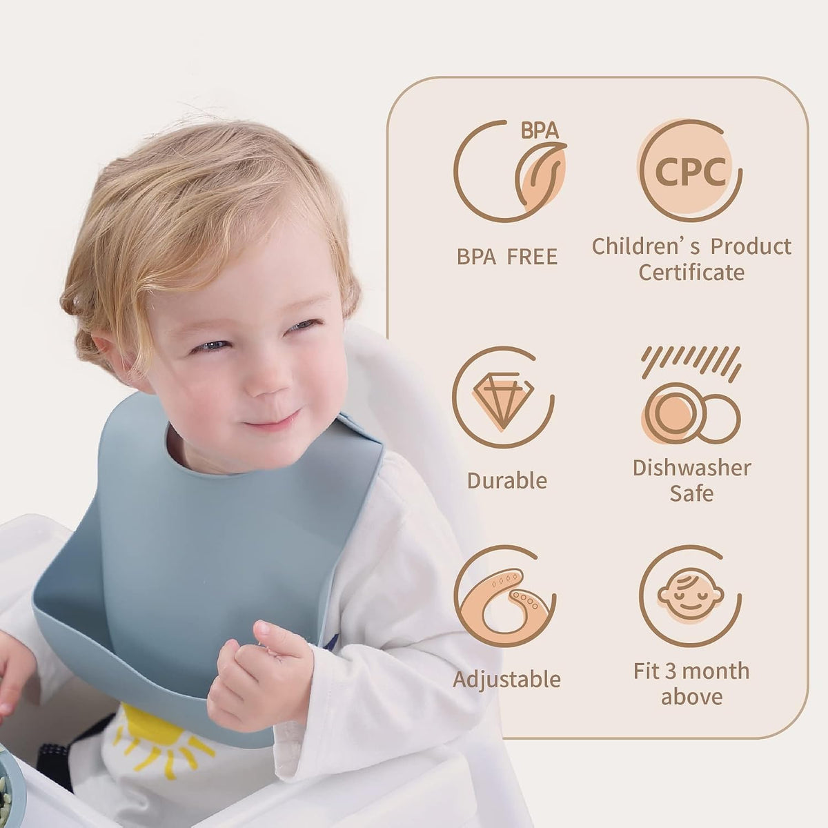 Silicone Baby Bibs Set of 3, BPA Free Waterproof Baby Bibs for Eating, Soft Adjustable Silicone Bibs for Babies 6-12 Months, Toddler Bibs with Pocket Food Catcher (Cream/Buck/Olive Green)