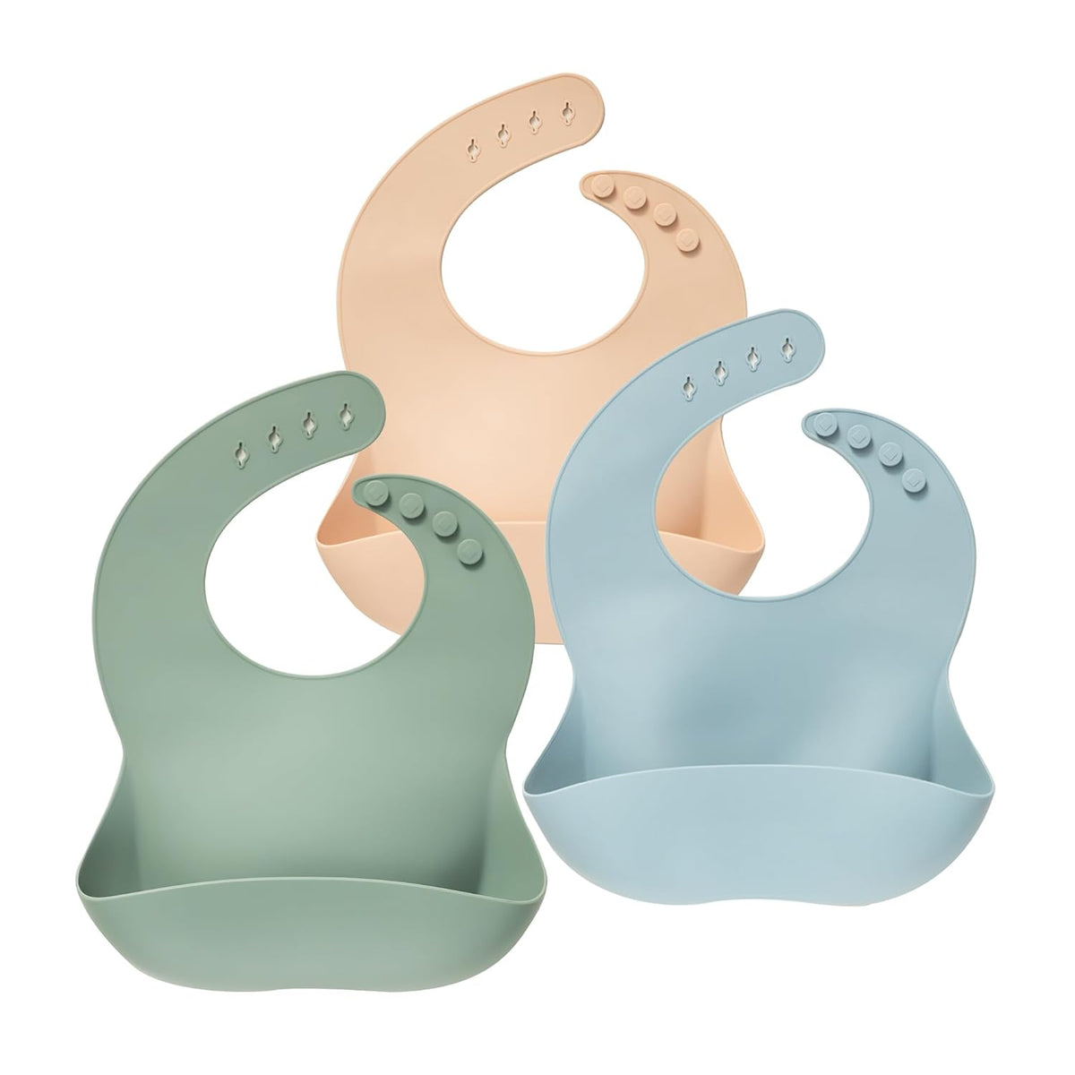 Silicone Baby Bibs Set of 3, BPA Free Waterproof Baby Bibs for Eating, Soft Adjustable Silicone Bibs for Babies 6-12 Months, Toddler Bibs with Pocket Food Catcher (Cream/Buck/Olive Green)