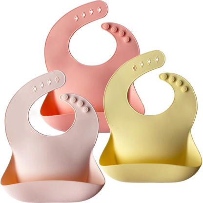 Silicone Baby Bibs Set of 3, BPA Free Waterproof Baby Bibs for Eating, Soft Adjustable Silicone Bibs for Babies 6-12 Months, Toddler Bibs with Pocket Food Catcher (Cream/Buck/Olive Green)