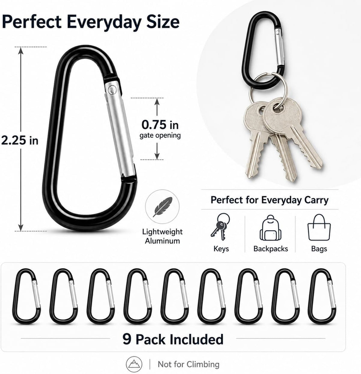 Carabiner Clips 9-Pack 2.25 Inch Small Aluminum Keychain Carabiners Mini Spring Snap Hook for Keys Bags Backpack Camping Travel Stroller EDC Gear Black