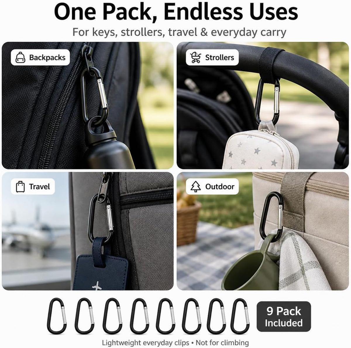 Carabiner Clips 9-Pack 2.25 Inch Small Aluminum Keychain Carabiners Mini Spring Snap Hook for Keys Bags Backpack Camping Travel Stroller EDC Gear Black