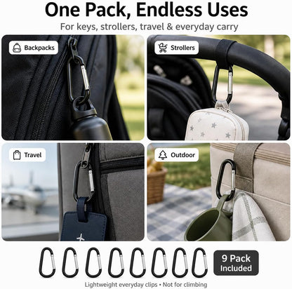 Carabiner Clips 9-Pack 2.25 Inch Small Aluminum Keychain Carabiners Mini Spring Snap Hook for Keys Bags Backpack Camping Travel Stroller EDC Gear Black