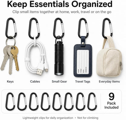 Carabiner Clips 9-Pack 2.25 Inch Small Aluminum Keychain Carabiners Mini Spring Snap Hook for Keys Bags Backpack Camping Travel Stroller EDC Gear Black