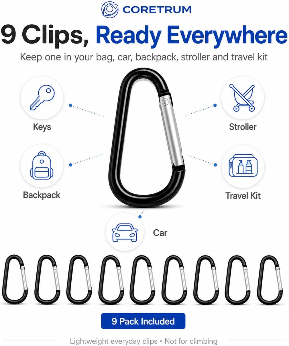 Carabiner Clips 9-Pack 2.25 Inch Small Aluminum Keychain Carabiners Mini Spring Snap Hook for Keys Bags Backpack Camping Travel Stroller EDC Gear Black