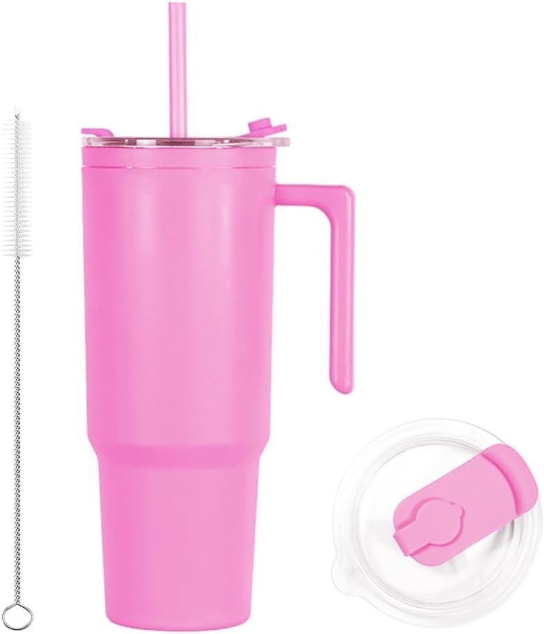 40oz Reusable Plastic Insulated Tumblers with Handle and Straw, Double Wall Tumbler with Lid, Cup Holder Friendly Travel Mug for cold drinks, sand ice, Purple