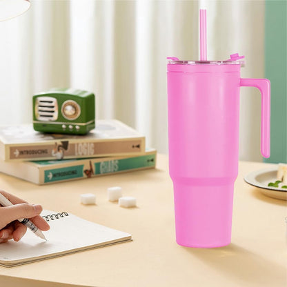 40oz Reusable Plastic Insulated Tumblers with Handle and Straw, Double Wall Tumbler with Lid, Cup Holder Friendly Travel Mug for cold drinks, sand ice, Purple
