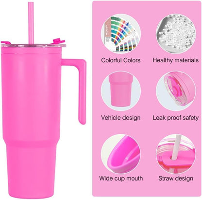 40oz Reusable Plastic Insulated Tumblers with Handle and Straw, Double Wall Tumbler with Lid, Cup Holder Friendly Travel Mug for cold drinks, sand ice, Purple