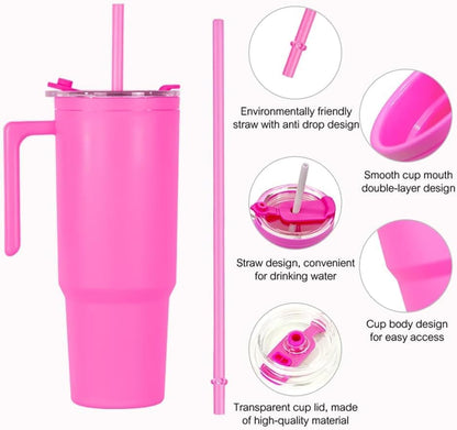 40oz Reusable Plastic Insulated Tumblers with Handle and Straw, Double Wall Tumbler with Lid, Cup Holder Friendly Travel Mug for cold drinks, sand ice, Purple