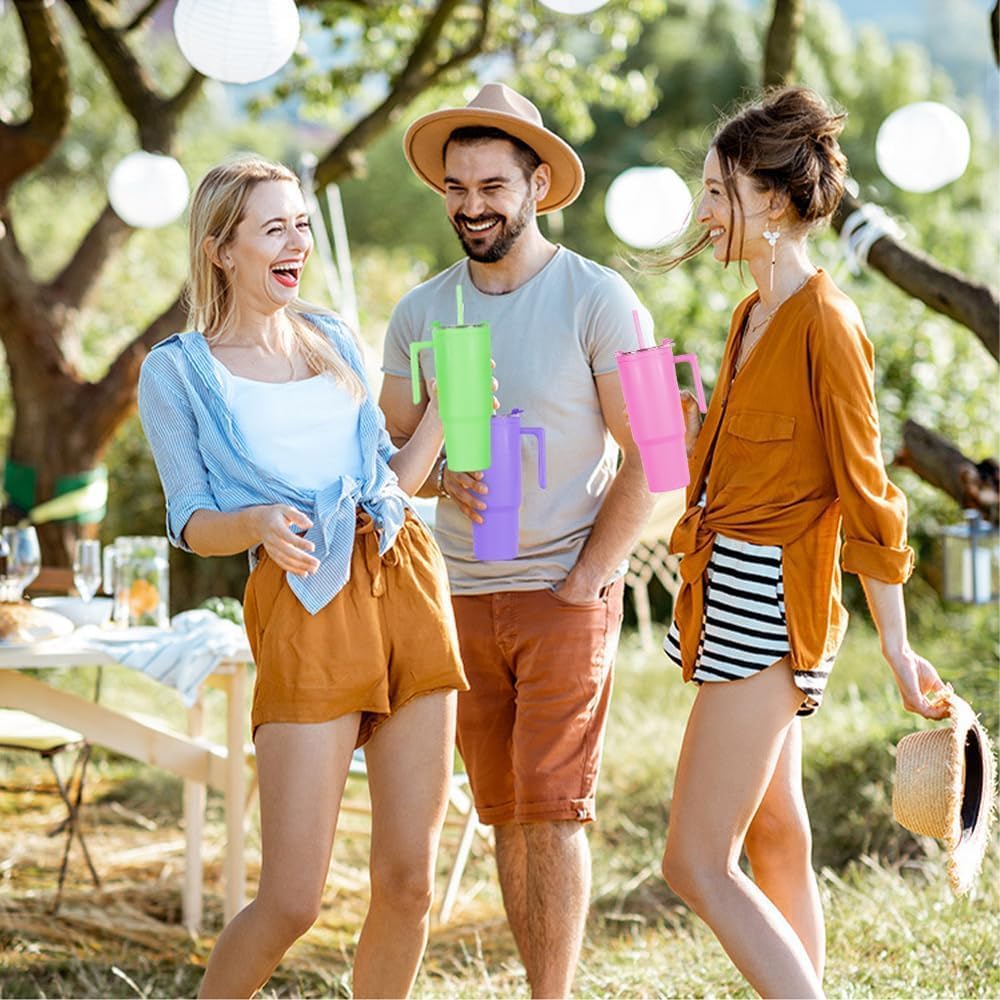 40oz Reusable Plastic Insulated Tumblers with Handle and Straw, Double Wall Tumbler with Lid, Cup Holder Friendly Travel Mug for cold drinks, sand ice, Purple