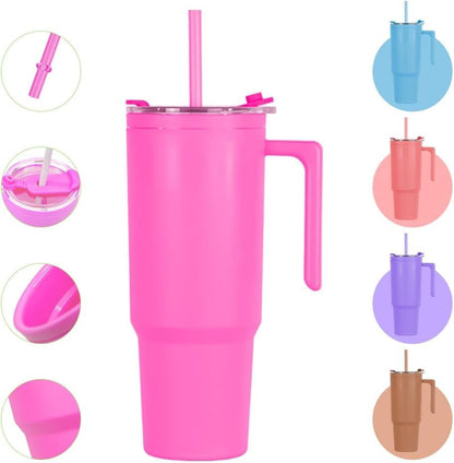 40oz Reusable Plastic Insulated Tumblers with Handle and Straw, Double Wall Tumbler with Lid, Cup Holder Friendly Travel Mug for cold drinks, sand ice, Purple