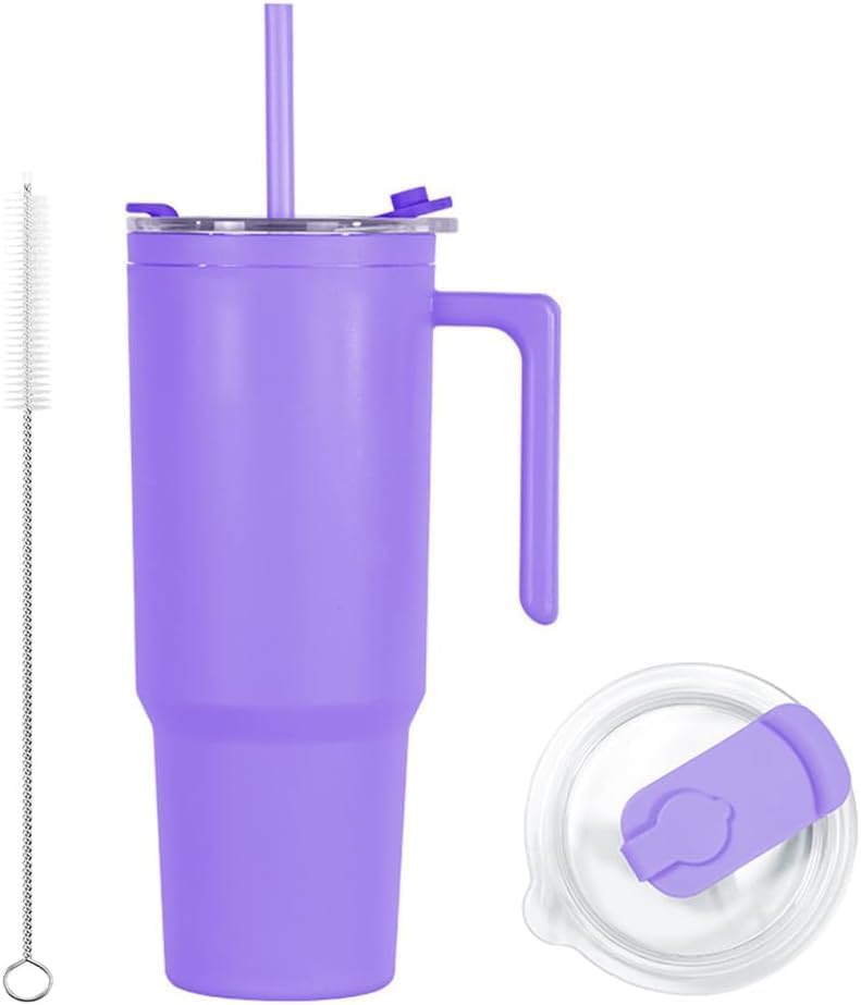 40oz Reusable Plastic Insulated Tumblers with Handle and Straw, Double Wall Tumbler with Lid, Cup Holder Friendly Travel Mug for cold drinks, sand ice, Purple