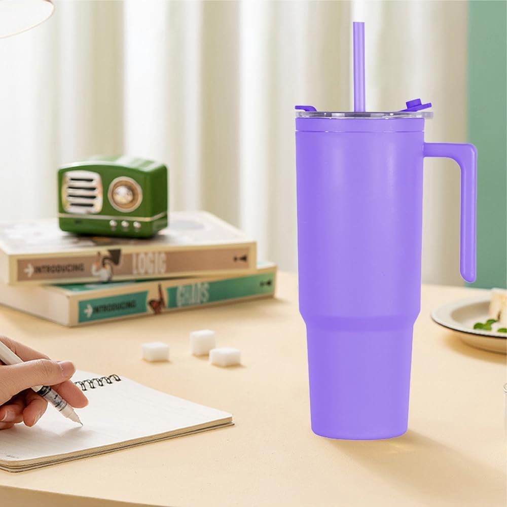 40oz Reusable Plastic Insulated Tumblers with Handle and Straw, Double Wall Tumbler with Lid, Cup Holder Friendly Travel Mug for cold drinks, sand ice, Purple