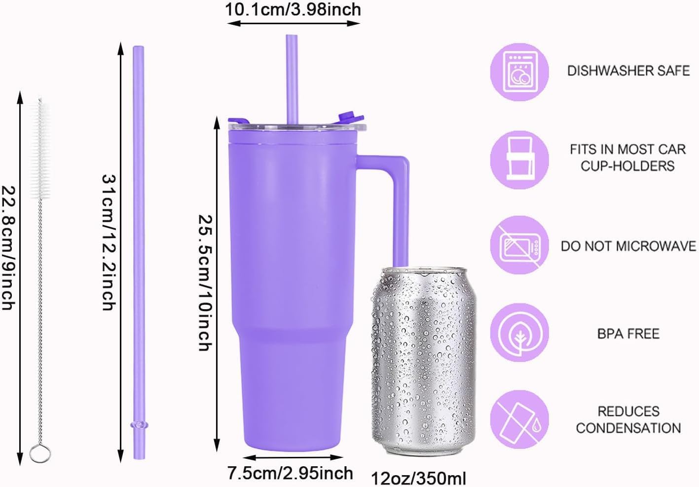 40oz Reusable Plastic Insulated Tumblers with Handle and Straw, Double Wall Tumbler with Lid, Cup Holder Friendly Travel Mug for cold drinks, sand ice, Purple
