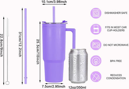 40oz Reusable Plastic Insulated Tumblers with Handle and Straw, Double Wall Tumbler with Lid, Cup Holder Friendly Travel Mug for cold drinks, sand ice, Purple