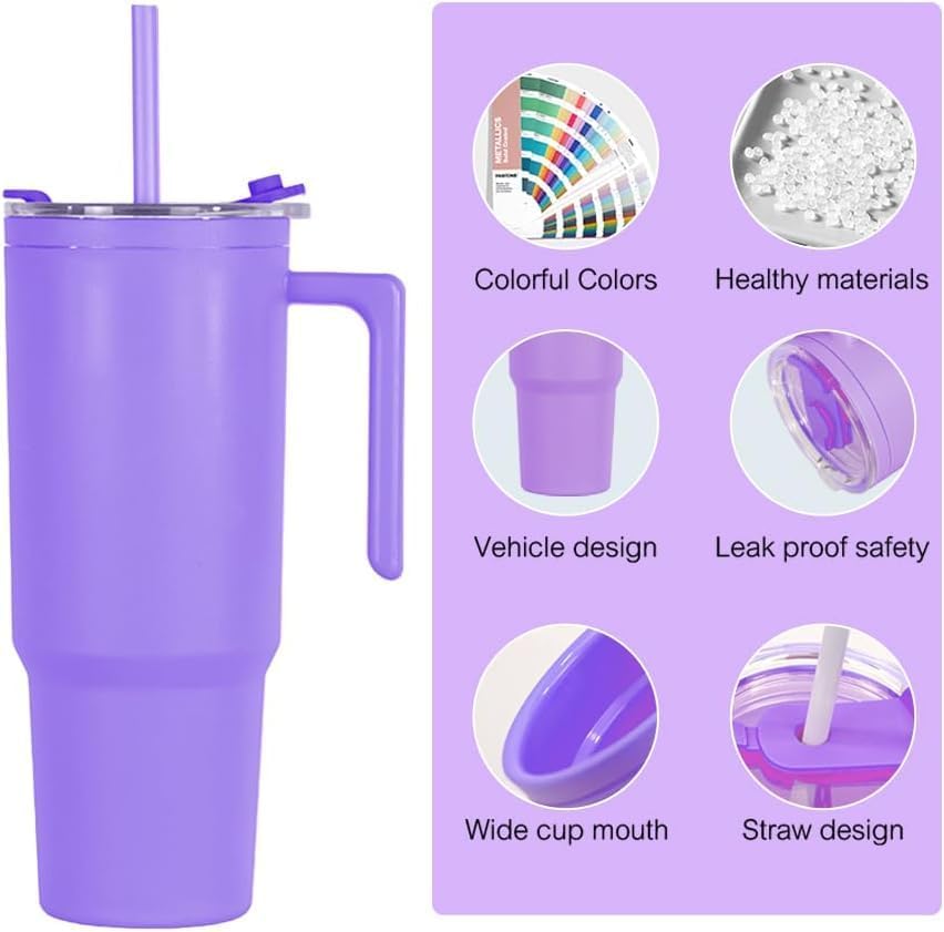 40oz Reusable Plastic Insulated Tumblers with Handle and Straw, Double Wall Tumbler with Lid, Cup Holder Friendly Travel Mug for cold drinks, sand ice, Purple