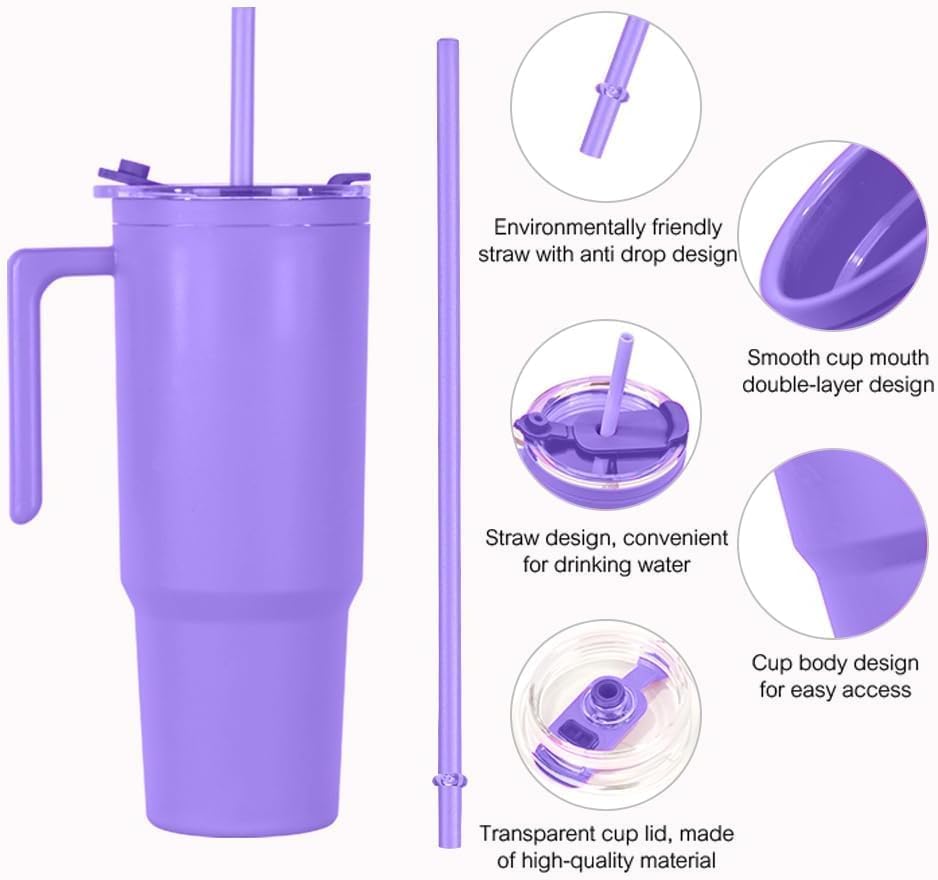 40oz Reusable Plastic Insulated Tumblers with Handle and Straw, Double Wall Tumbler with Lid, Cup Holder Friendly Travel Mug for cold drinks, sand ice, Purple