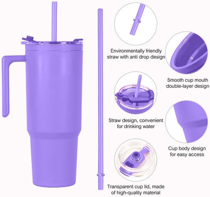 40oz Reusable Plastic Insulated Tumblers with Handle and Straw, Double Wall Tumbler with Lid, Cup Holder Friendly Travel Mug for cold drinks, sand ice, Purple