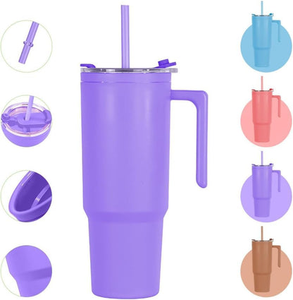 40oz Reusable Plastic Insulated Tumblers with Handle and Straw, Double Wall Tumbler with Lid, Cup Holder Friendly Travel Mug for cold drinks, sand ice, Purple