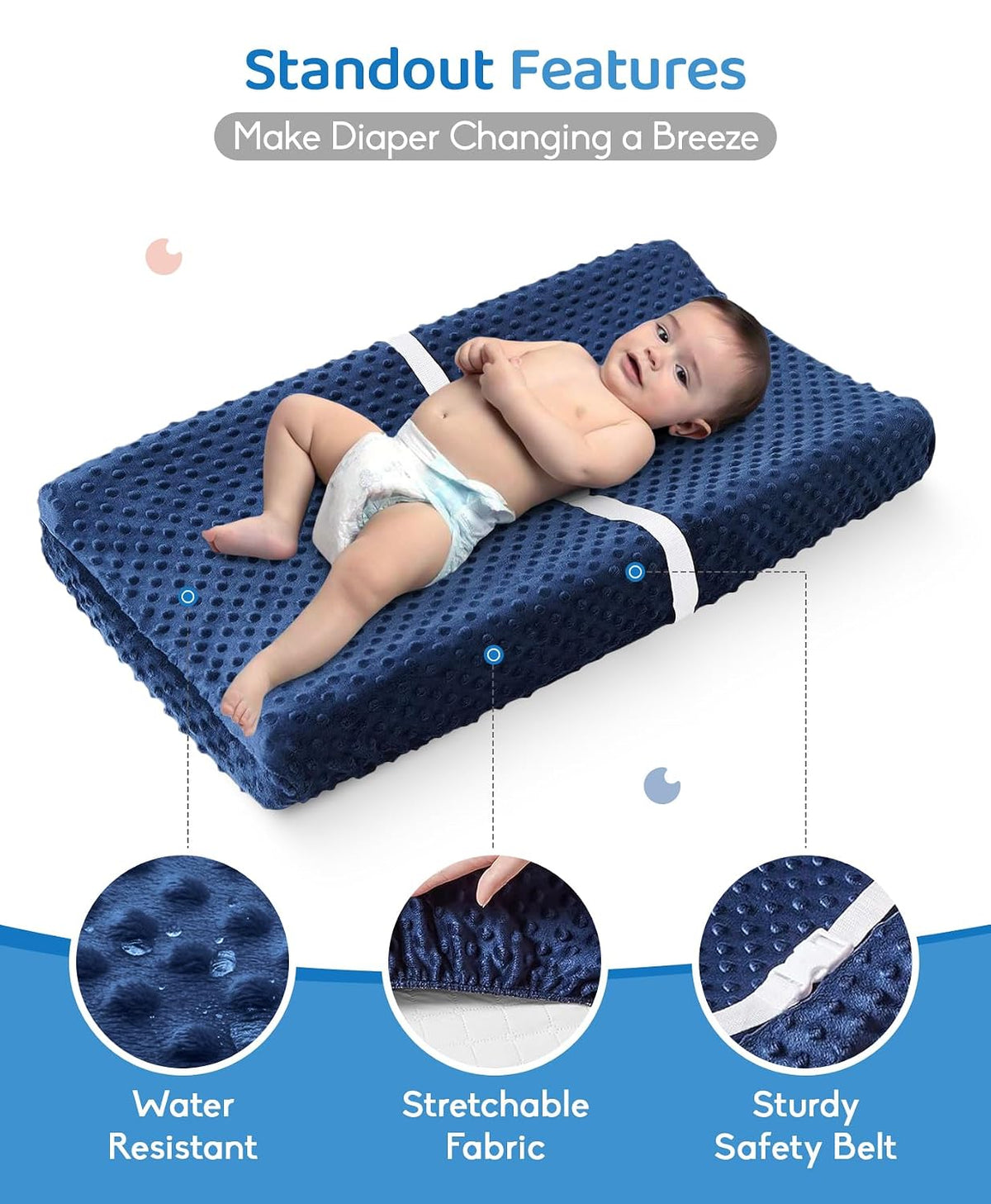 Compact Small Changing Pad with Cover - 27" X 16" Contoured Baby Diaper Changing Pad for Combo Crib with Changing Table-Waterproof & Hypoallergenic, Safety Strap with Quick-Release Buckle-Grey