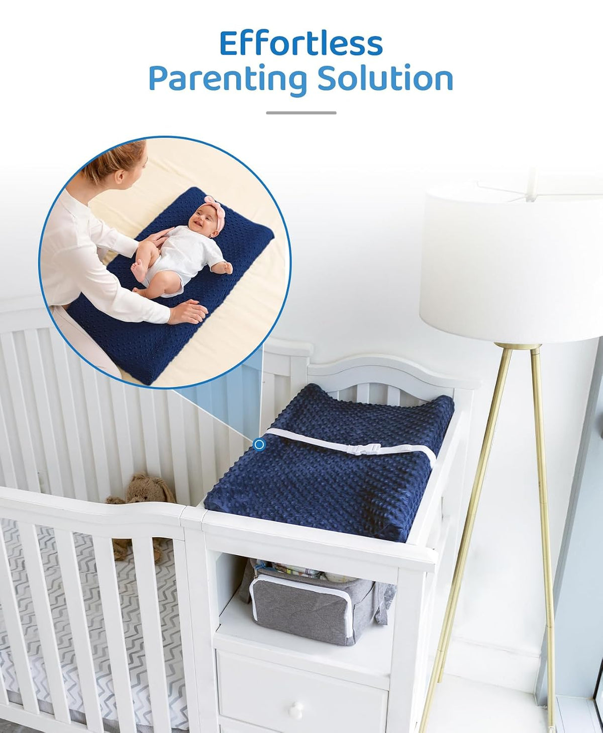 Compact Small Changing Pad with Cover - 27" X 16" Contoured Baby Diaper Changing Pad for Combo Crib with Changing Table-Waterproof & Hypoallergenic, Safety Strap with Quick-Release Buckle-Grey