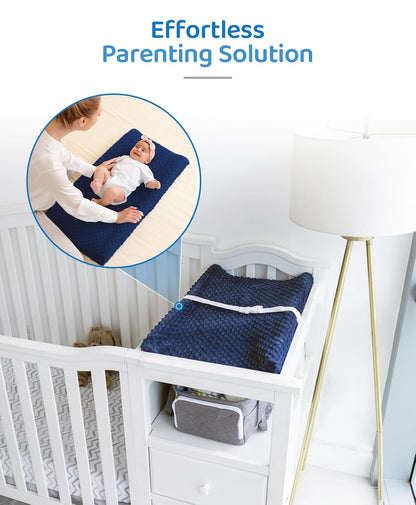 Compact Small Changing Pad with Cover - 27" X 16" Contoured Baby Diaper Changing Pad for Combo Crib with Changing Table-Waterproof & Hypoallergenic, Safety Strap with Quick-Release Buckle-Grey