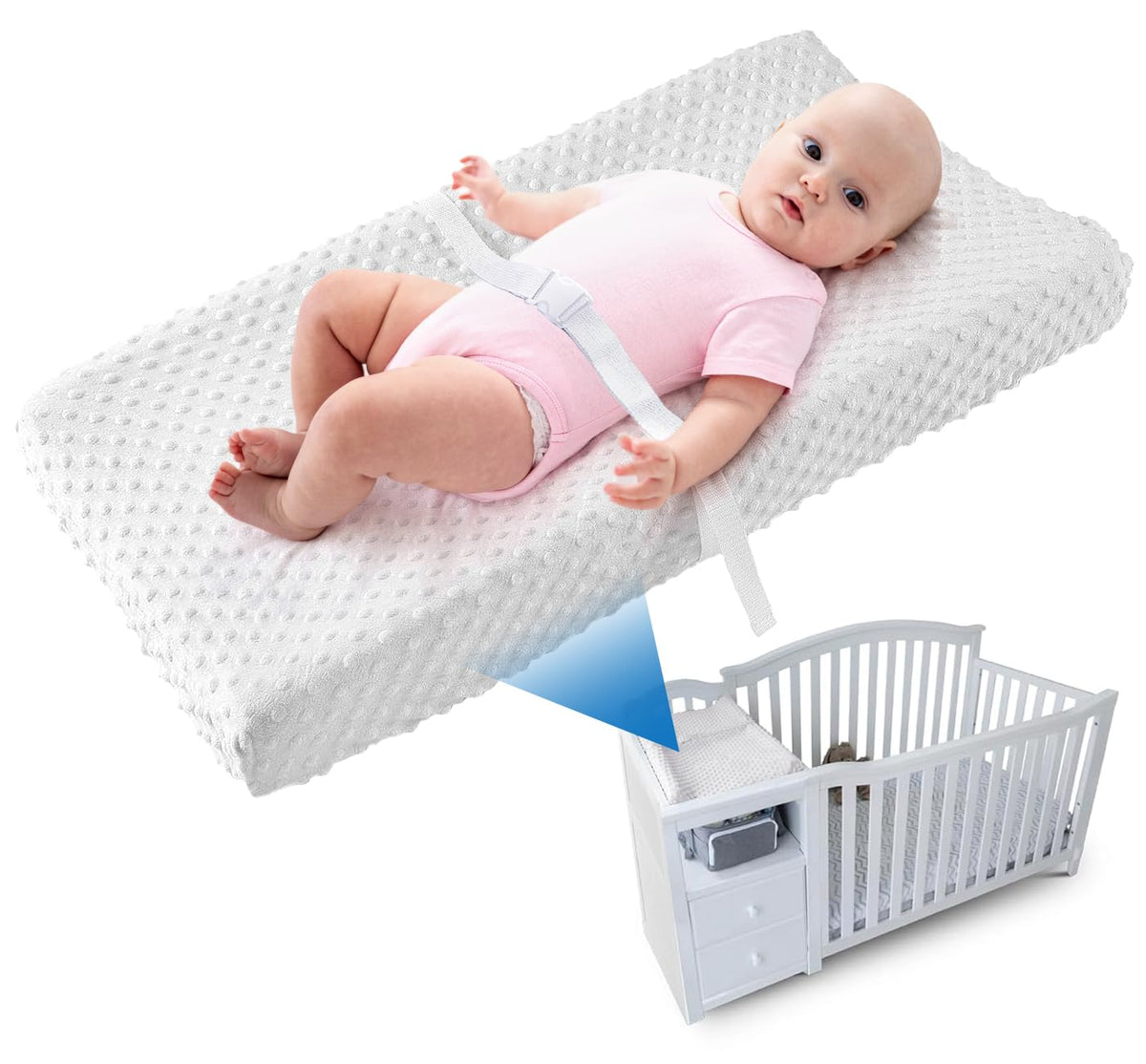 Compact Small Changing Pad with Cover - 27" X 16" Contoured Baby Diaper Changing Pad for Combo Crib with Changing Table-Waterproof & Hypoallergenic, Safety Strap with Quick-Release Buckle-Grey