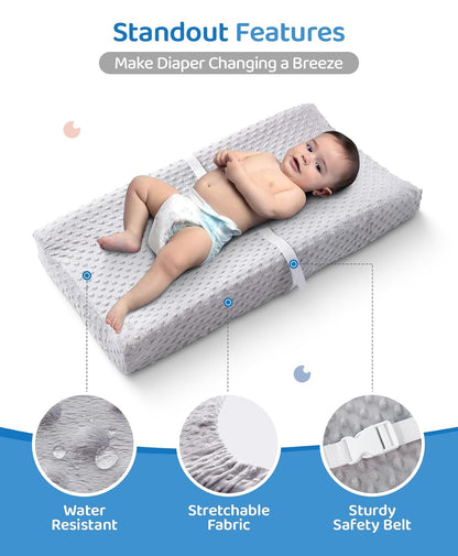 Compact Small Changing Pad with Cover - 27" X 16" Contoured Baby Diaper Changing Pad for Combo Crib with Changing Table-Waterproof & Hypoallergenic, Safety Strap with Quick-Release Buckle-Grey