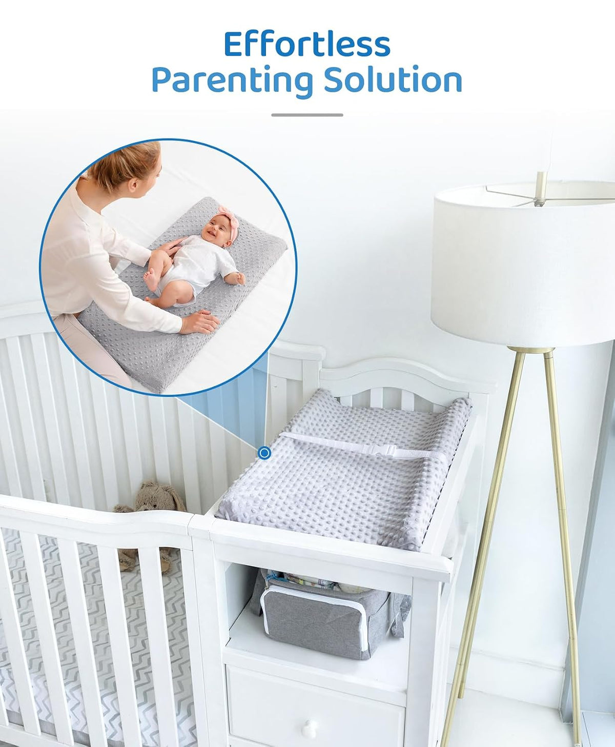 Compact Small Changing Pad with Cover - 27" X 16" Contoured Baby Diaper Changing Pad for Combo Crib with Changing Table-Waterproof & Hypoallergenic, Safety Strap with Quick-Release Buckle-Grey