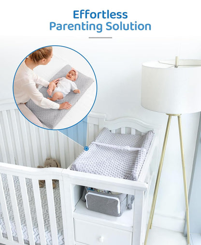 Compact Small Changing Pad with Cover - 27" X 16" Contoured Baby Diaper Changing Pad for Combo Crib with Changing Table-Waterproof & Hypoallergenic, Safety Strap with Quick-Release Buckle-Grey