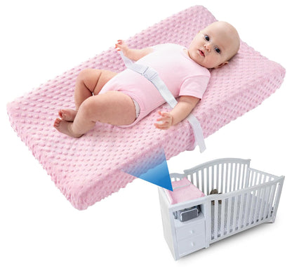 Compact Small Changing Pad with Cover - 27" X 16" Contoured Baby Diaper Changing Pad for Combo Crib with Changing Table-Waterproof & Hypoallergenic, Safety Strap with Quick-Release Buckle-Grey