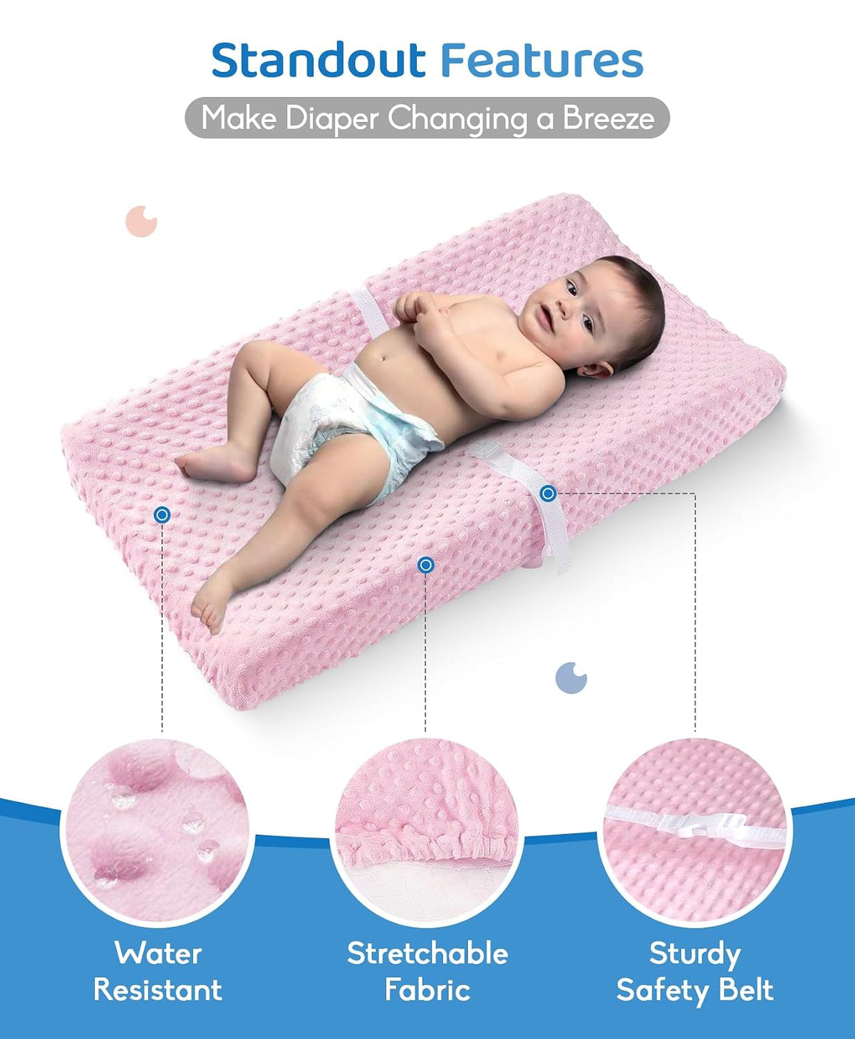 Compact Small Changing Pad with Cover - 27" X 16" Contoured Baby Diaper Changing Pad for Combo Crib with Changing Table-Waterproof & Hypoallergenic, Safety Strap with Quick-Release Buckle-Grey