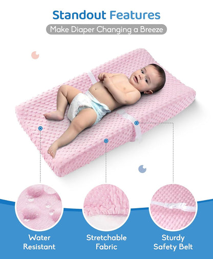 Compact Small Changing Pad with Cover - 27" X 16" Contoured Baby Diaper Changing Pad for Combo Crib with Changing Table-Waterproof & Hypoallergenic, Safety Strap with Quick-Release Buckle-Grey