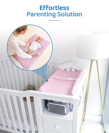 Compact Small Changing Pad with Cover - 27" X 16" Contoured Baby Diaper Changing Pad for Combo Crib with Changing Table-Waterproof & Hypoallergenic, Safety Strap with Quick-Release Buckle-Grey