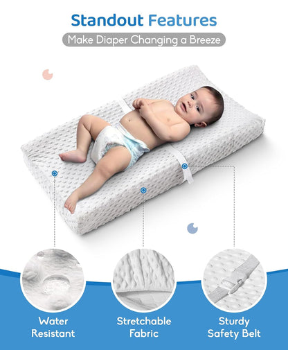Compact Small Changing Pad with Cover - 27" X 16" Contoured Baby Diaper Changing Pad for Combo Crib with Changing Table-Waterproof & Hypoallergenic, Safety Strap with Quick-Release Buckle-Grey