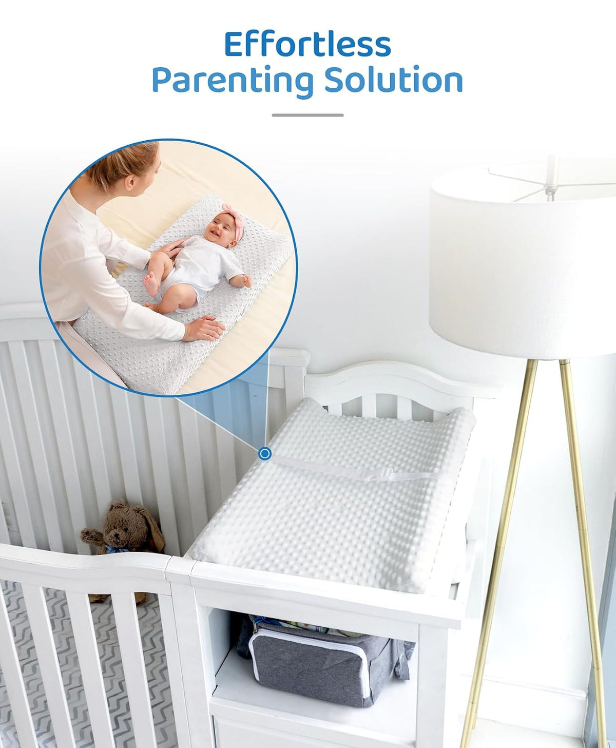 Compact Small Changing Pad with Cover - 27" X 16" Contoured Baby Diaper Changing Pad for Combo Crib with Changing Table-Waterproof & Hypoallergenic, Safety Strap with Quick-Release Buckle-Grey
