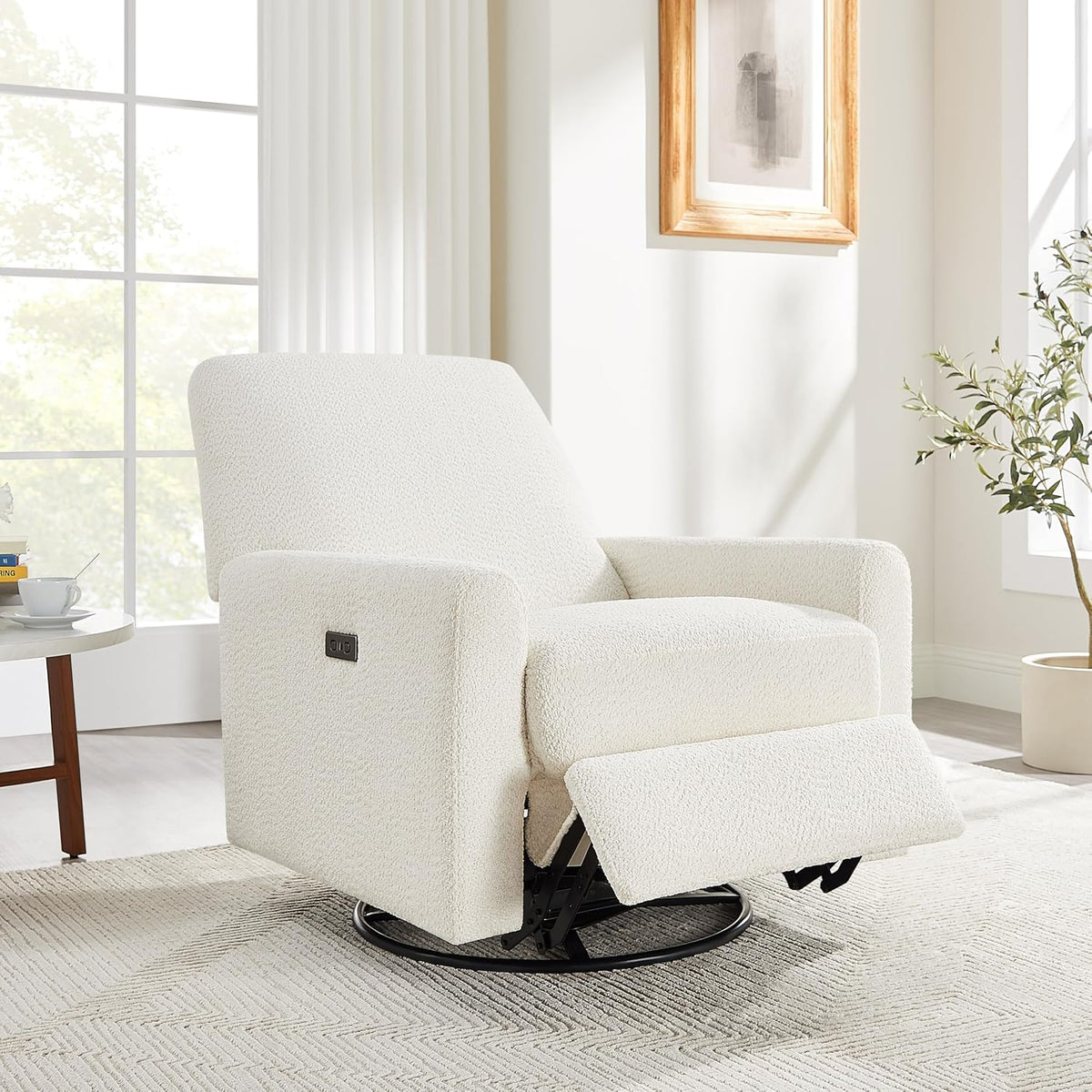 Swivel Glider Recliner Chair, Power Recliner with Boucle Fabric, White