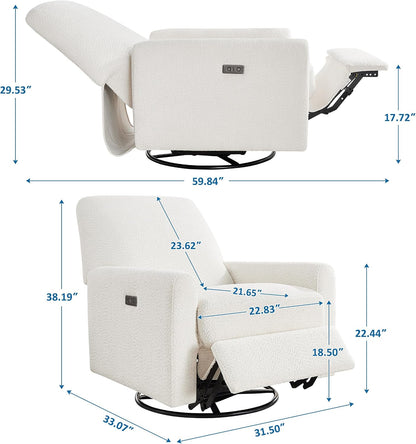 Swivel Glider Recliner Chair, Power Recliner with Boucle Fabric, White