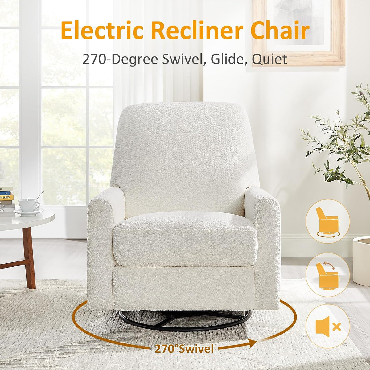Swivel Glider Recliner Chair, Power Recliner with Boucle Fabric, White