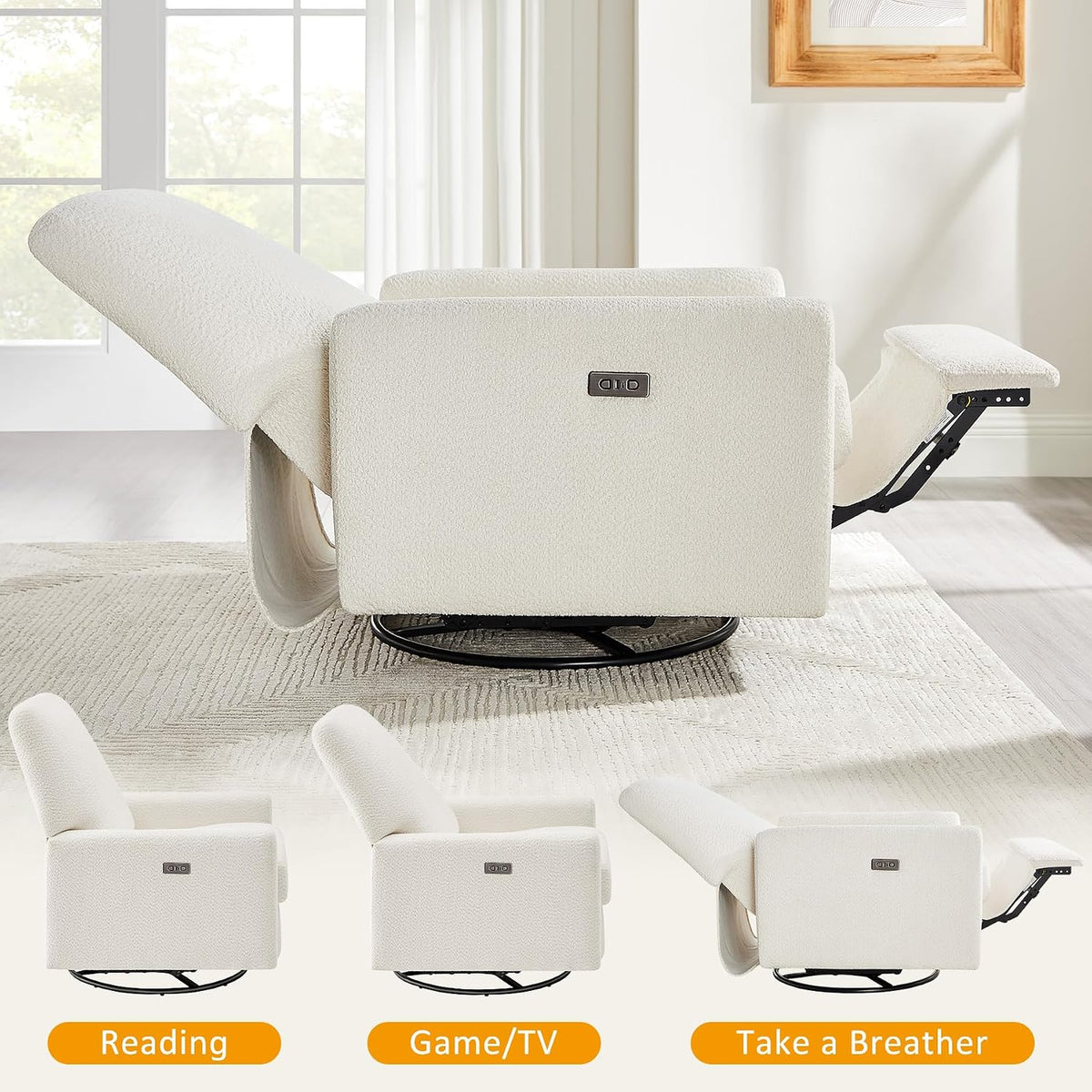 Swivel Glider Recliner Chair, Power Recliner with Boucle Fabric, White