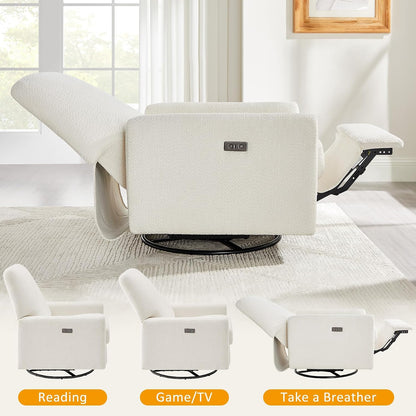 Swivel Glider Recliner Chair, Power Recliner with Boucle Fabric, White