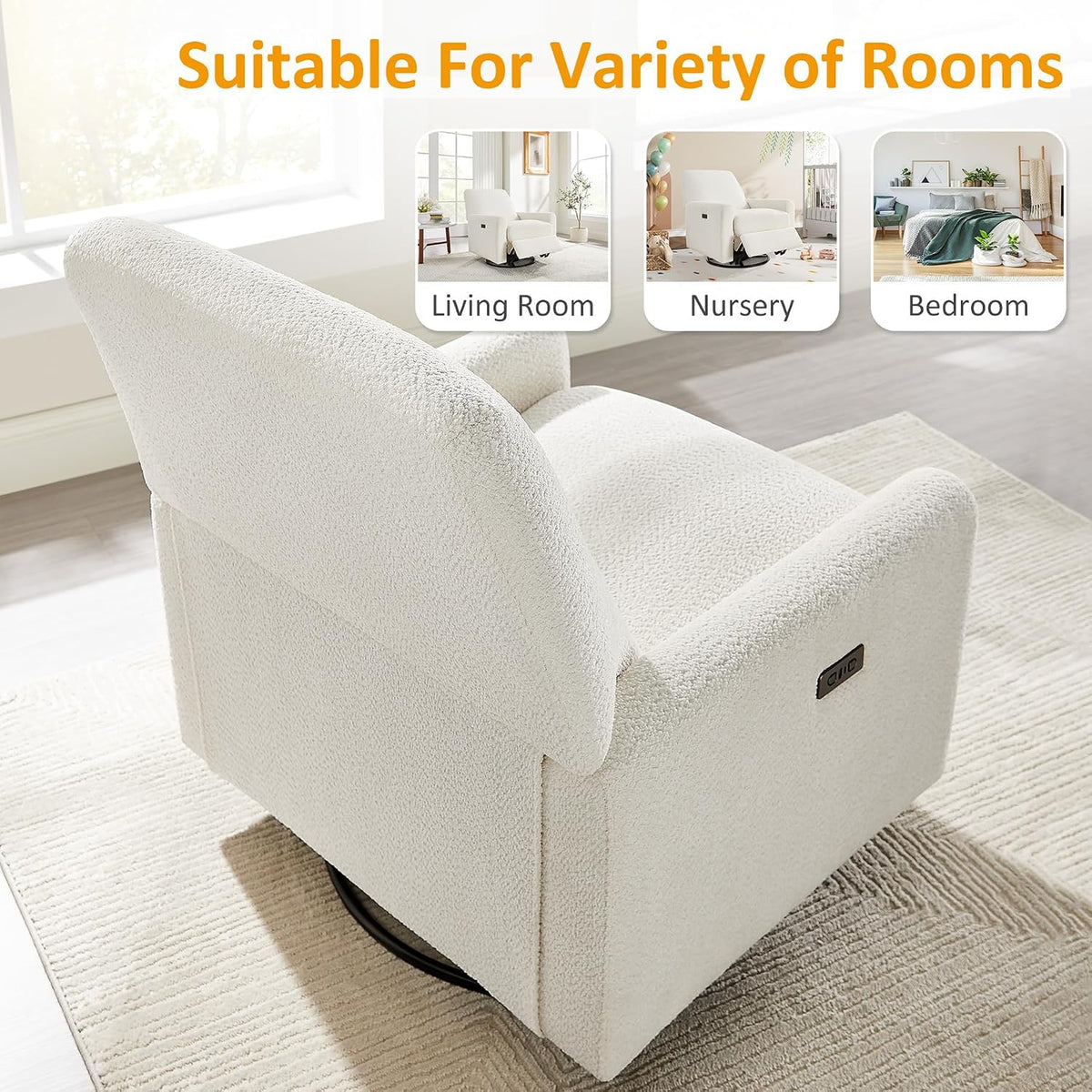 Swivel Glider Recliner Chair, Power Recliner with Boucle Fabric, White