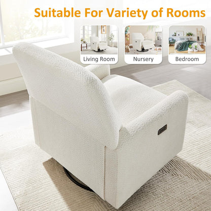 Swivel Glider Recliner Chair, Power Recliner with Boucle Fabric, White