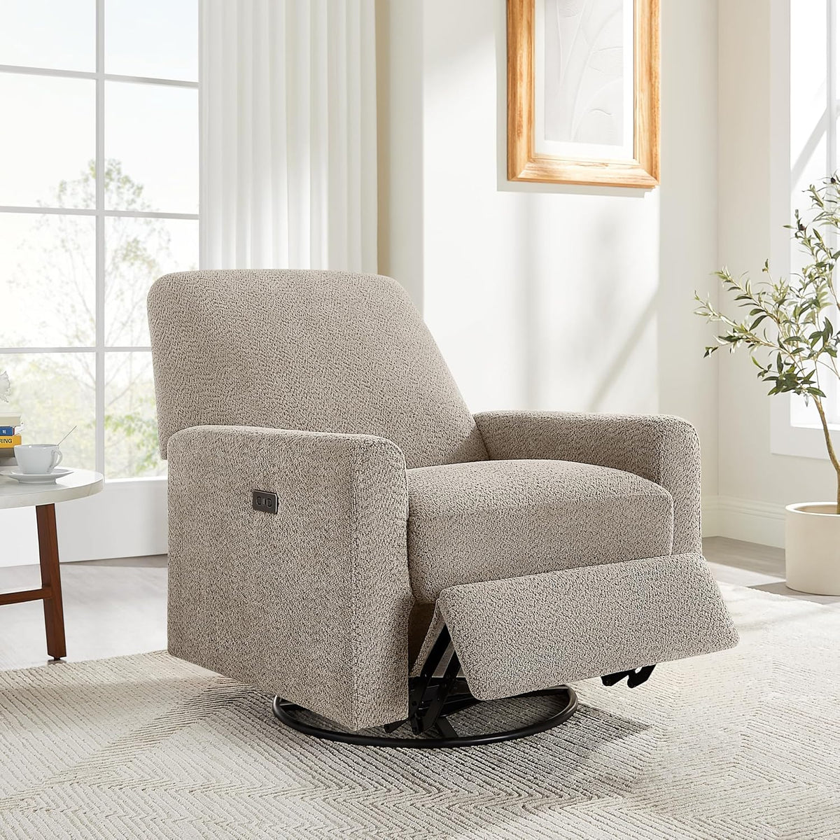Swivel Glider Recliner Chair, Power Recliner with Boucle Fabric, White