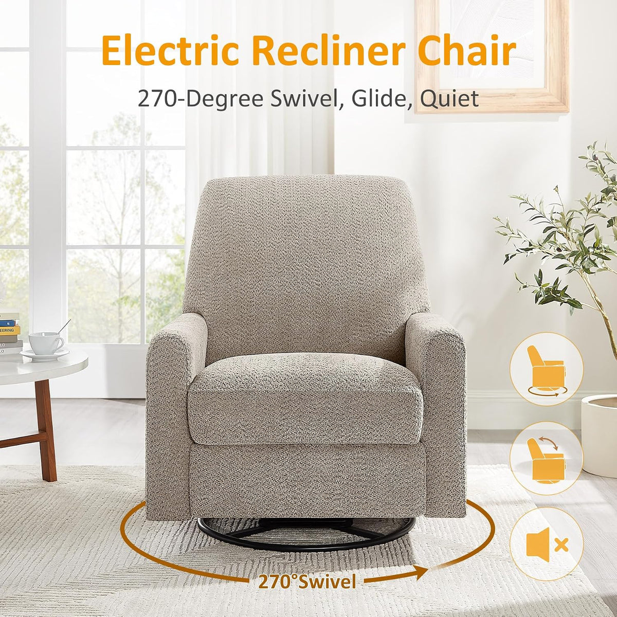Swivel Glider Recliner Chair, Power Recliner with Boucle Fabric, White